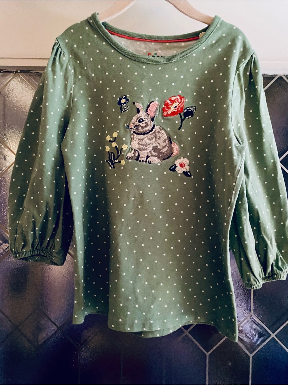 Mini Boden Olive Green Polka Dot Bunny Embroidered Long Sleeve Top